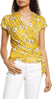 Loveappella Floral Print Faux Wrap Top