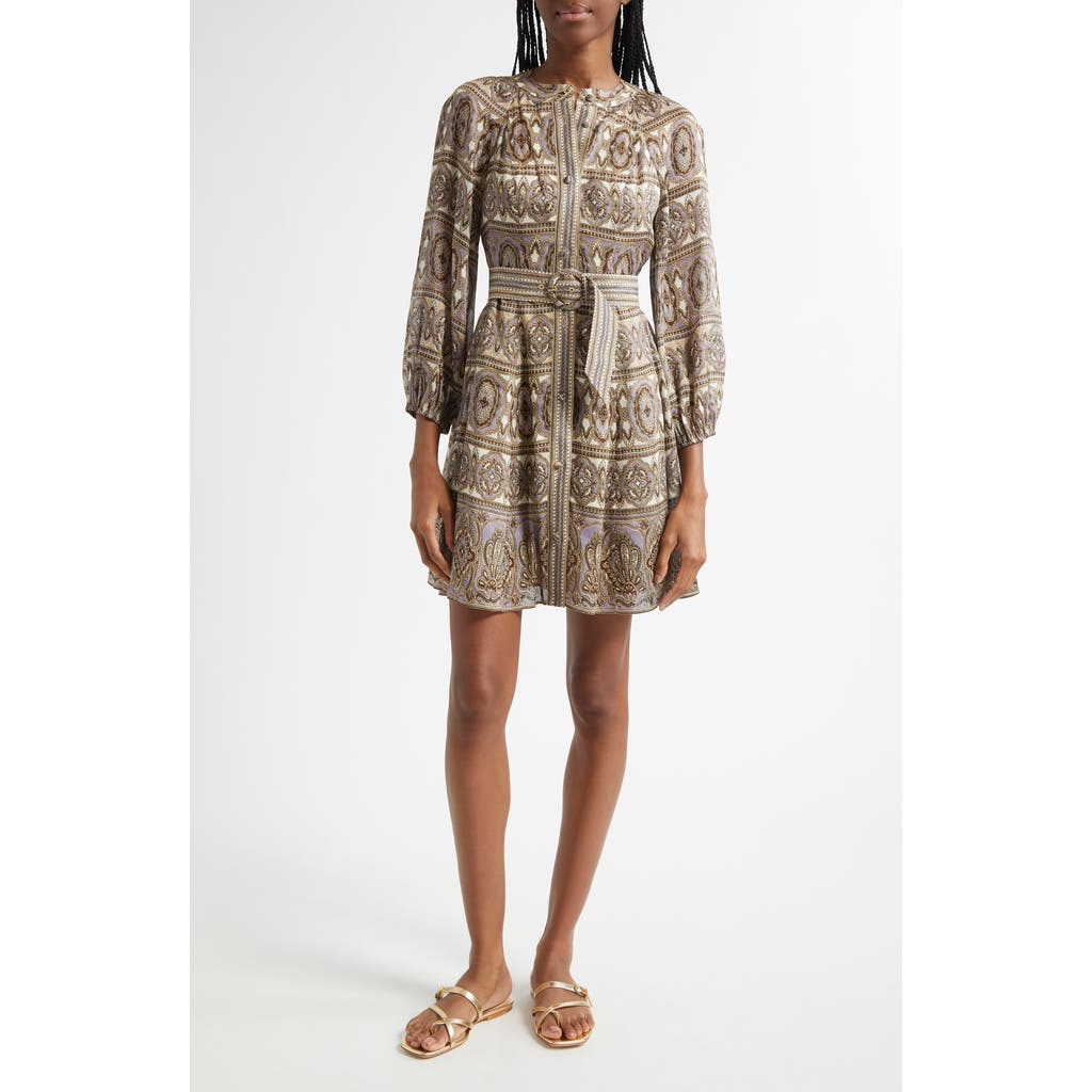 Veronica Beard Kumar Linen Silk Printed Shirt Dress In Stone Khaki Multi