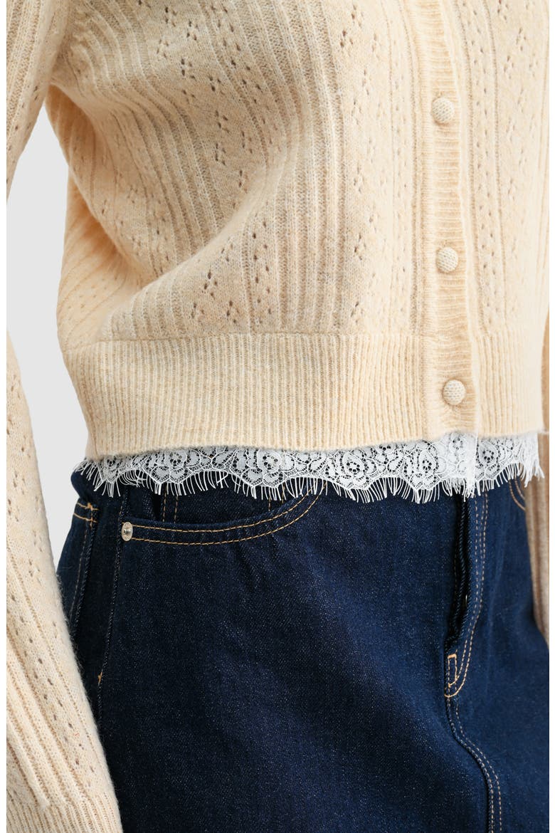 Lace Trim Pointelle Cardigan, Alternate, color, BUTTER