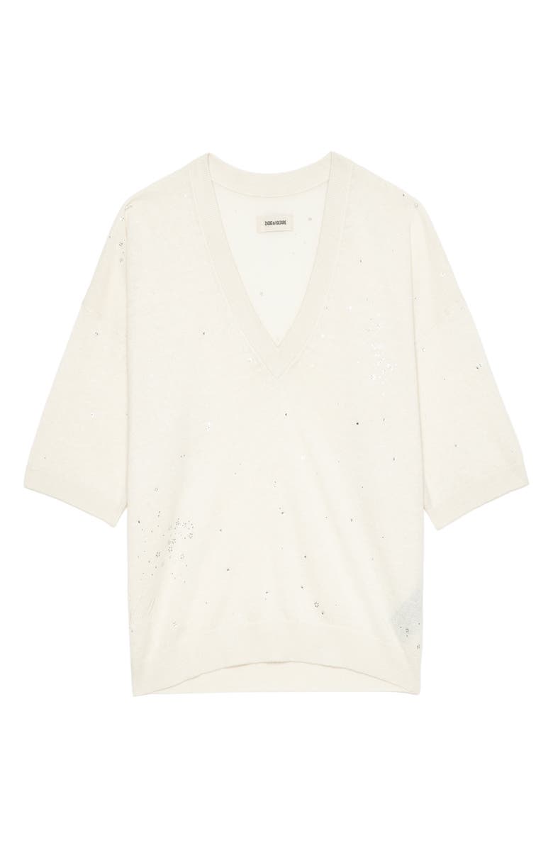 Zadig & Voltaire Wully Lico Embellished Linen Blend V-Neck Sweater, Alternate, color, Ecru