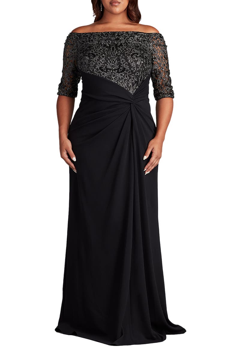 Tadashi Shoji Sequin Bodice Mixed Media Off the Shoulder Gown, Main, color,