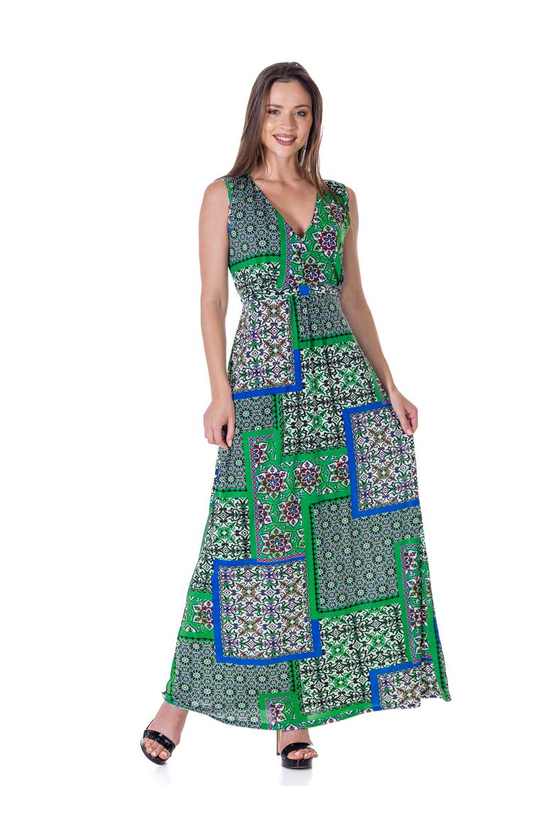 Scarf Print V-Neck Empire Waist Sleeveless Maxi Dress, Main, color, Green Multi