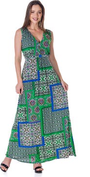 24seven Comfort Apparel Scarf Print V-Neck Empire Waist Sleeveless Maxi Dress