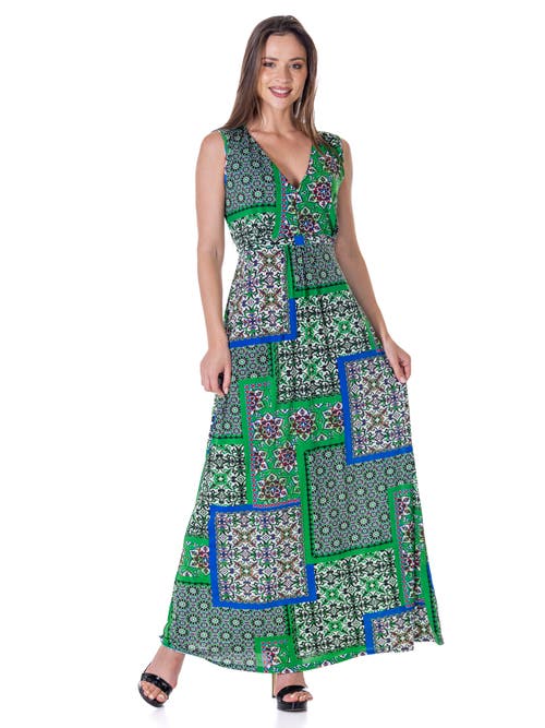 24seven Comfort Apparel Scarf Print V-neck Empire Waist Sleeveless Maxi Dress In Green