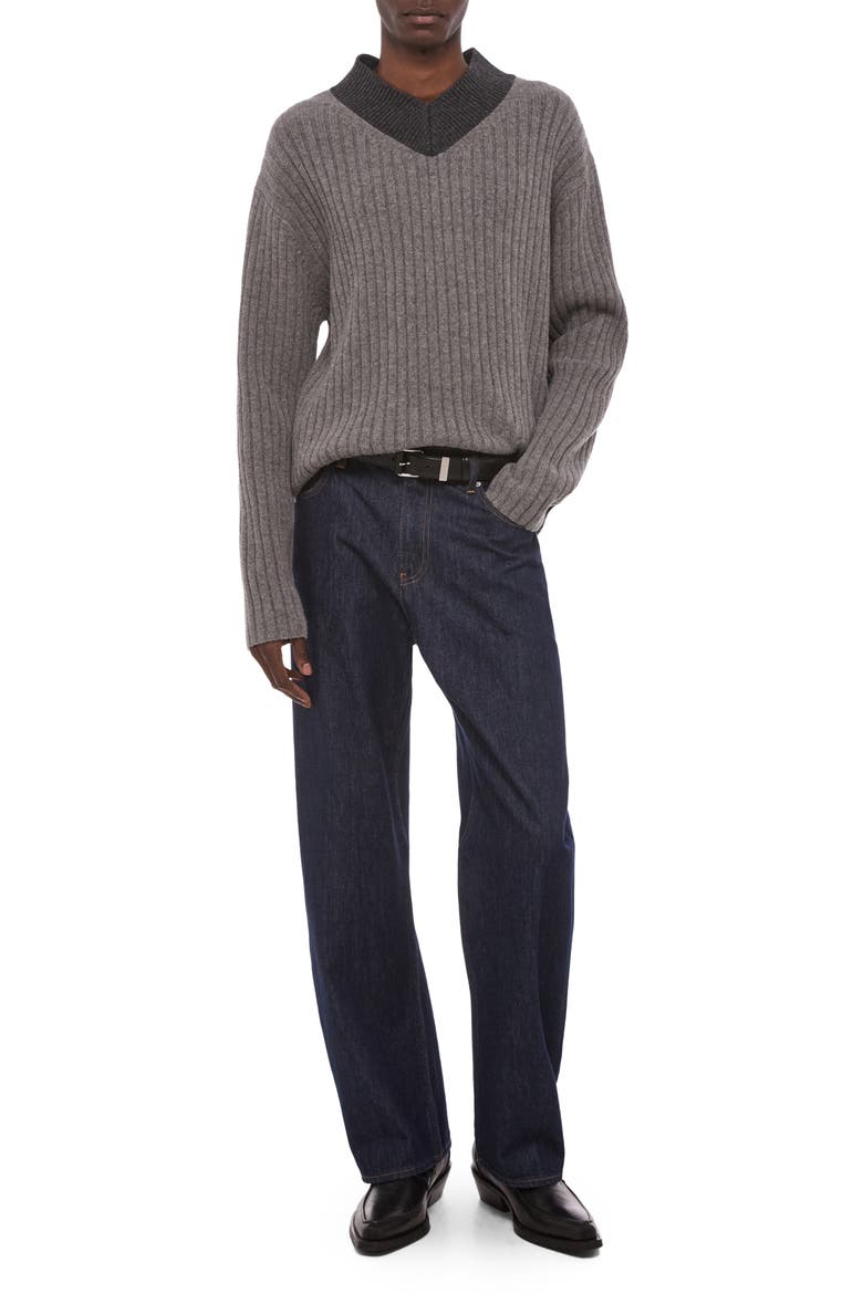 Contrast V-Neck Wool Sweater, Alternate, color, LIGHT GREY BICOLOR