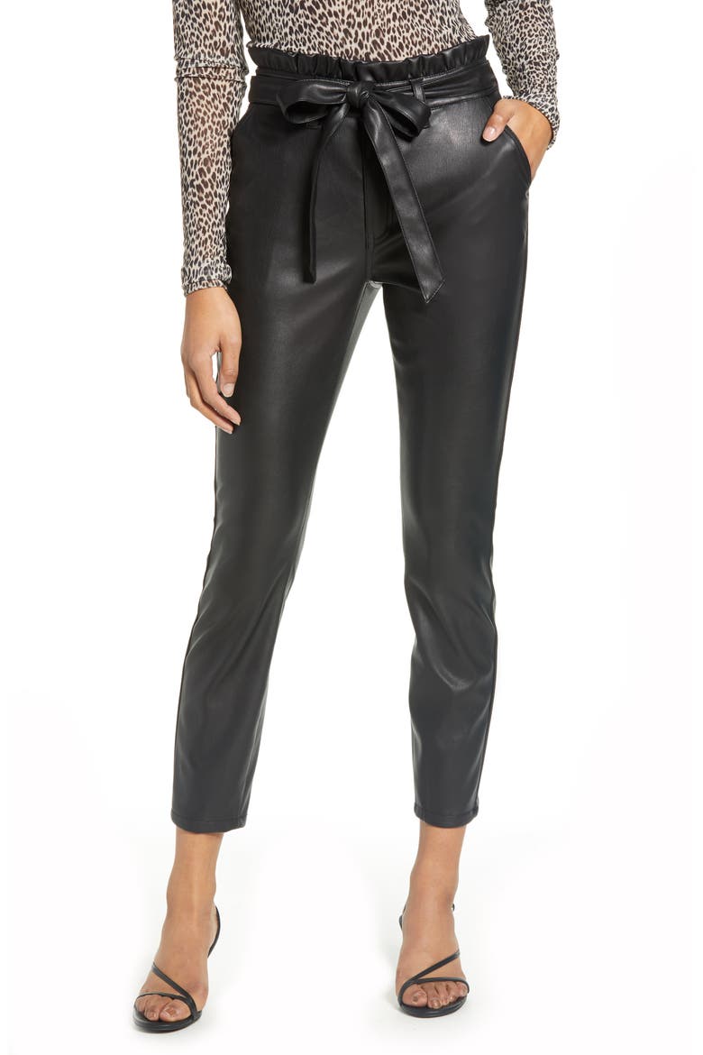 Paperbag Waist Faux Leather Ankle Pants, Main, color, BLACK