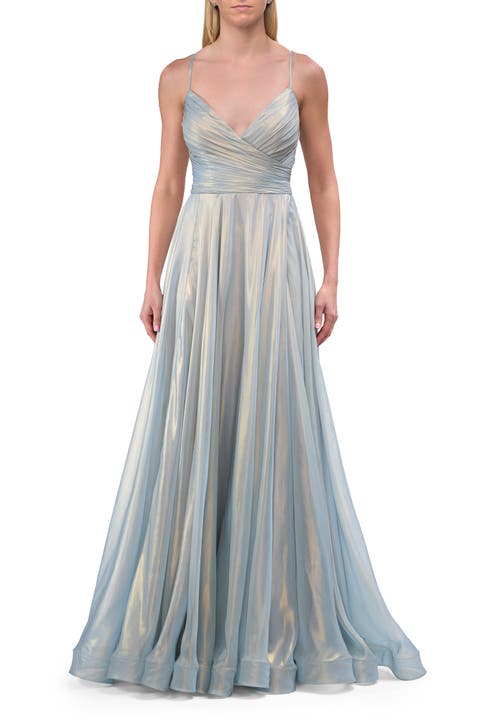 Metallic Chiffon Prom Dress with Flowing Skirt