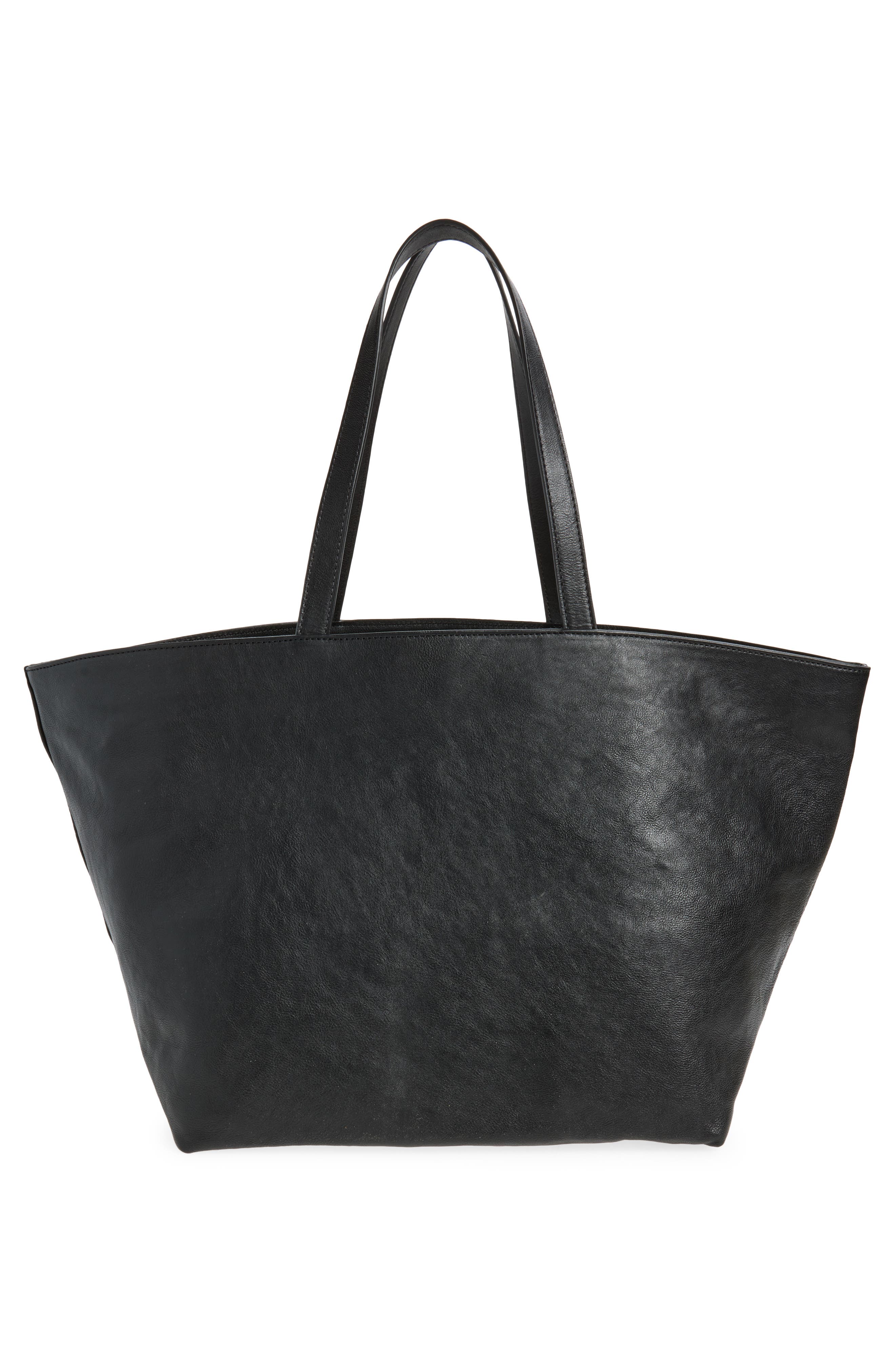 Punch Logo Crinkled Leather Tote, Alternate, color, BLACK