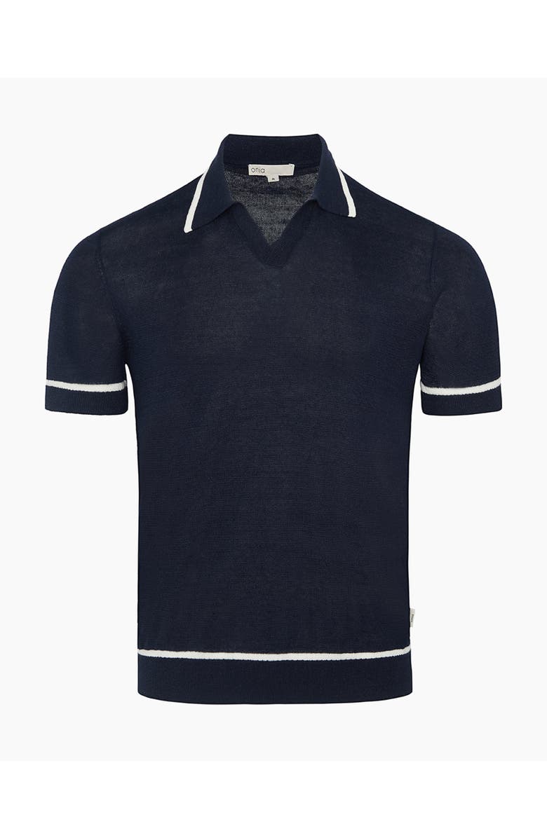 Onia Linen Johnny Collar Polo Sweater, Alternate, color, Midnight