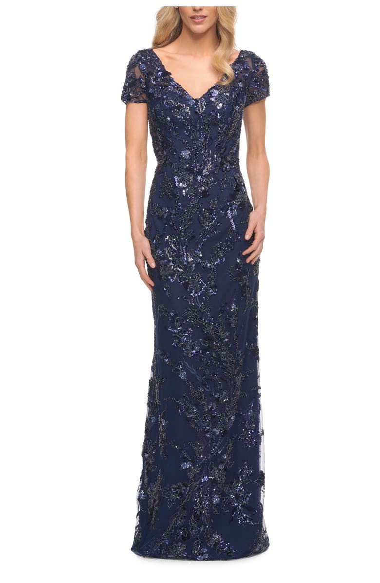 La Femme Stunning Beaded Long Gown with V Neckline, Main, color, Navy