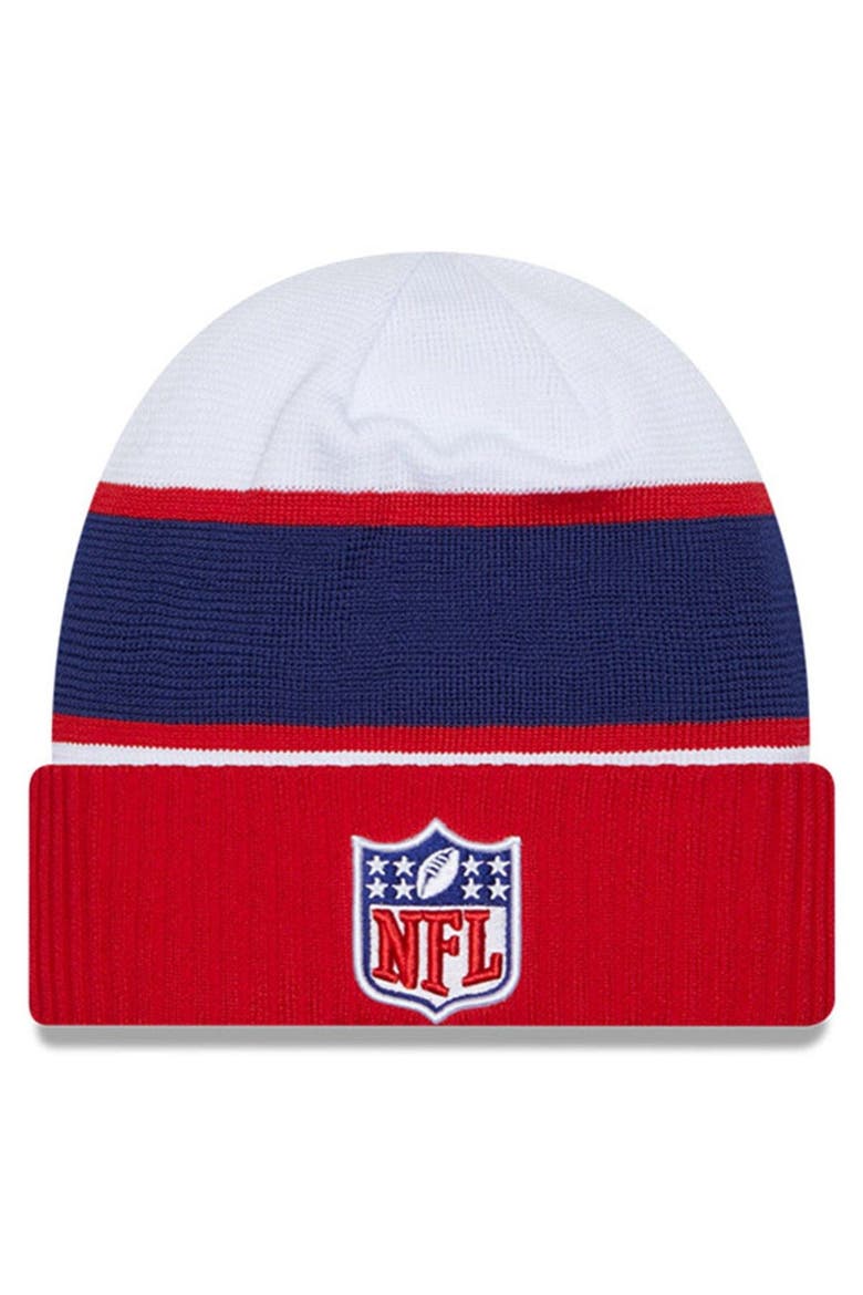 Men's New Era White/Navy NFL 2023 Sideline Tech Cuffed Knit Hat, Main, color, White