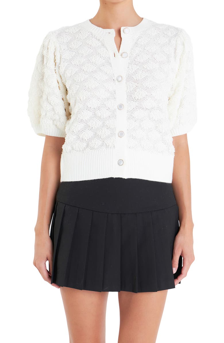 English Factory Textured Puff Sleeve Cardigan, Alternate, color, Ivory