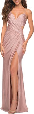 La Femme Ruched Long Gown with Criss-Cross Style Bodice
