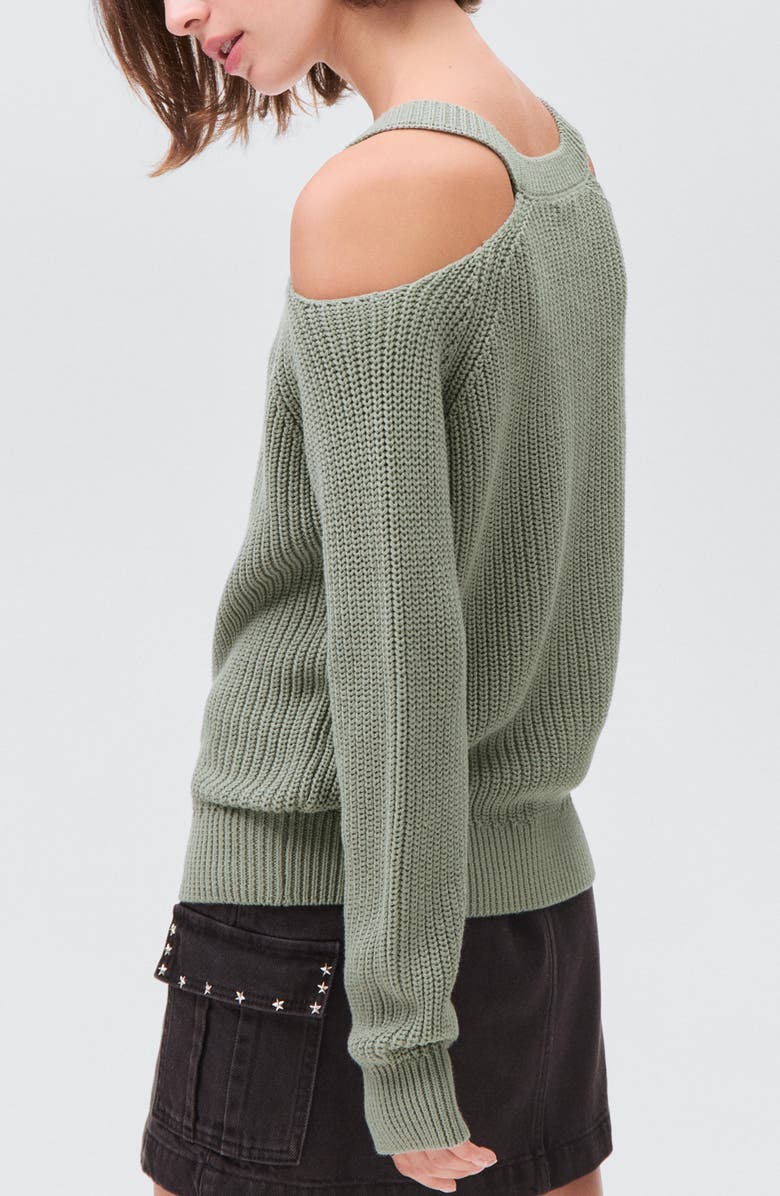 MANGO TEEN Cold Shoulder Cotton Crewneck Sweater, Alternate, color, Khaki Green