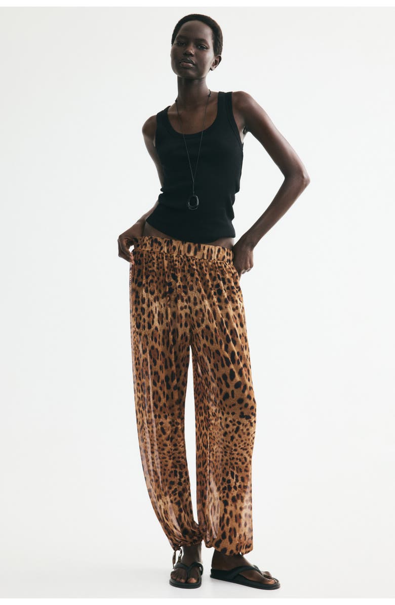 H&M Mesh Balloon Trousers, Main, color, Dark Beige/Leopard Print