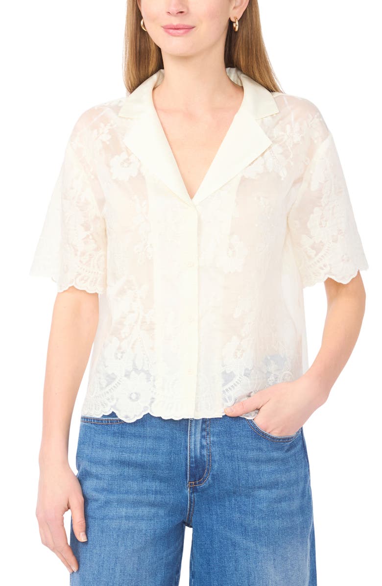 Vince Camuto Sheer Floral Camp Shirt, Main, color, New Ivory
