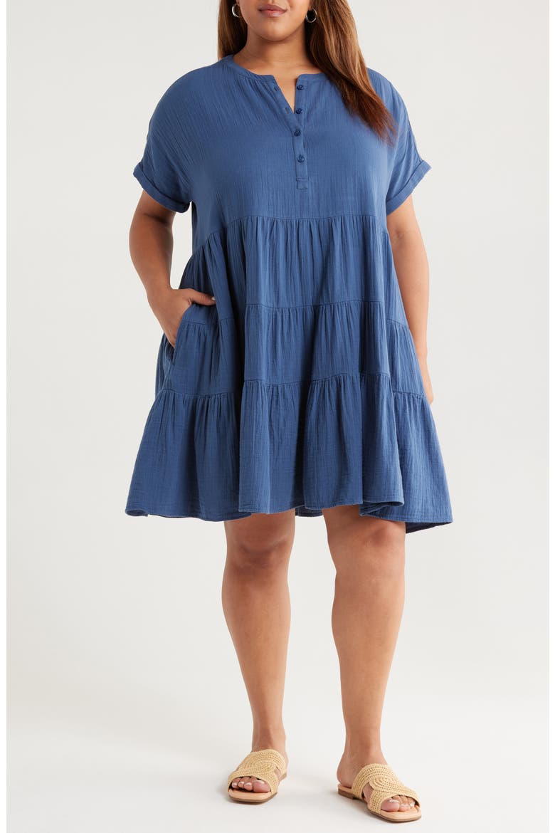 Cotton Gauze Tiered Popover Dress, Main, color, NAVY DENIM