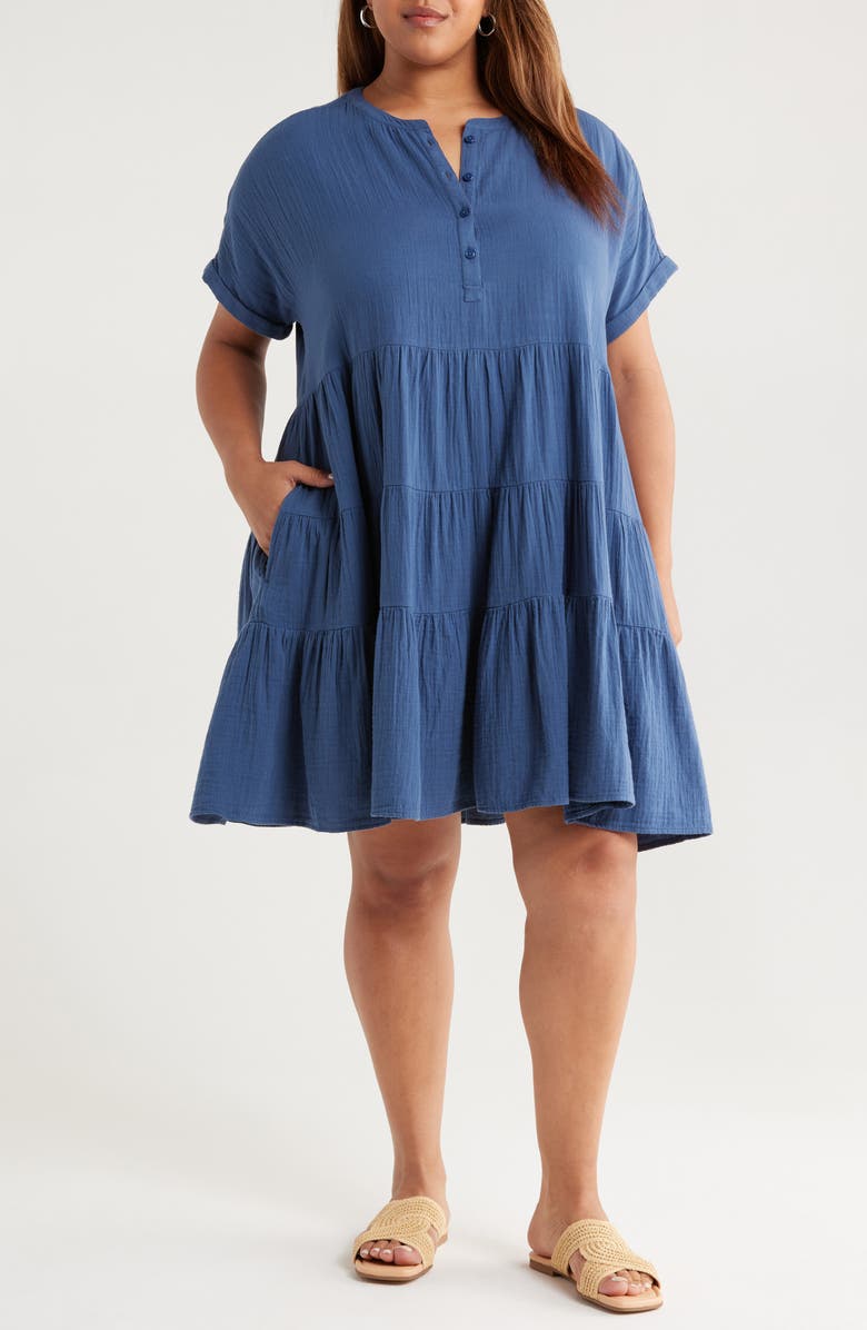 Caslon<sup>®</sup> Cotton Gauze Tiered Popover Dress, Main, color, Navy Denim