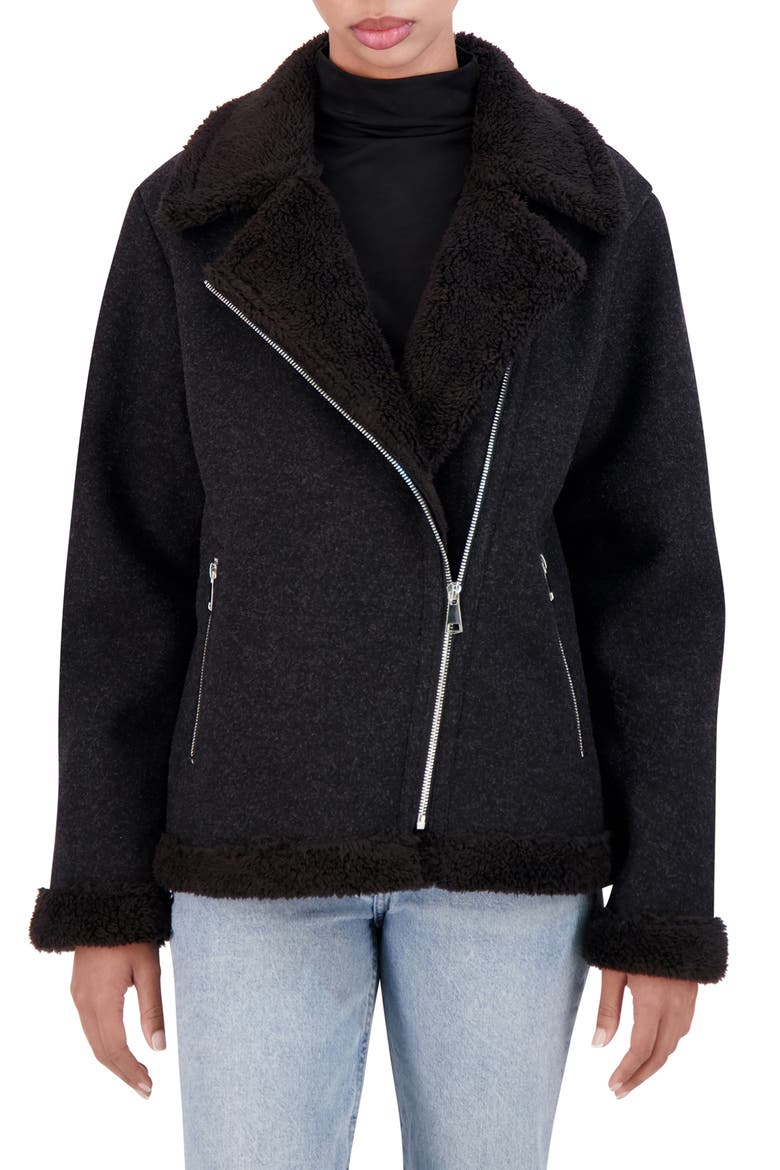 Asymmetric Faux Shearling Trim Faux Wool Moto Jacket, Main, color, BLACK
