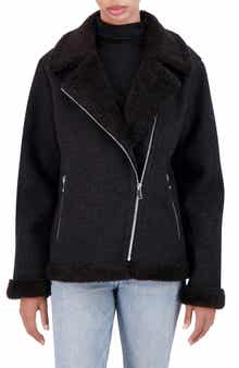 Asymmetric Faux Shearling Trim Faux Wool Moto Jacket