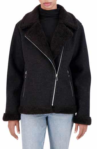 Asymmetric Faux Shearling Trim Faux Wool Moto Jacket