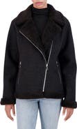 Ookie & Lala Asymmetric Faux Shearling Trim Faux Wool Moto Jacket