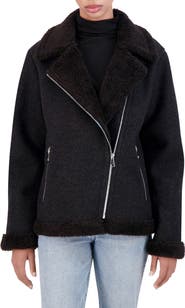 Ookie & Lala Asymmetric Faux Shearling Trim Faux Wool Moto Jacket