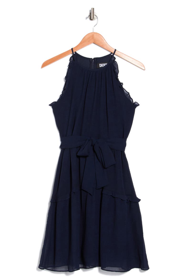 Ruffle Trim Chiffon Dress, Alternate, color, SPRING NAVY