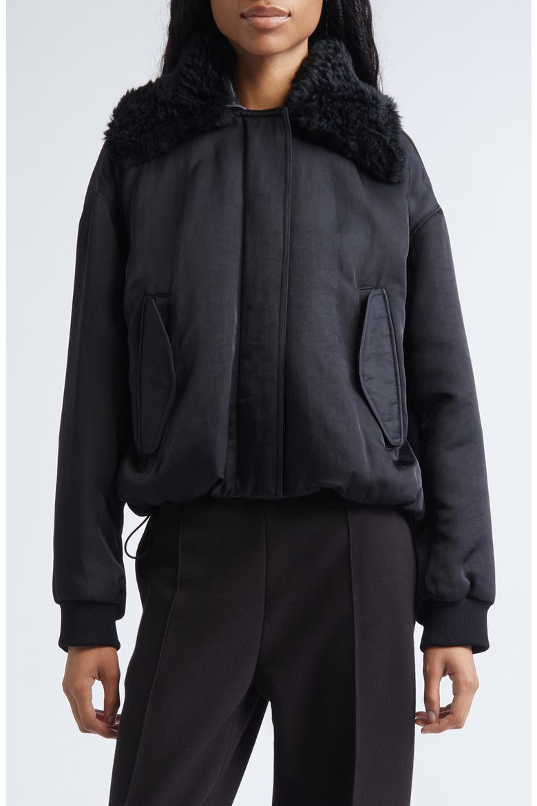 Vadra Recycled Nylon Bomber Jacket With Faux Shearling Collar, Main, color, BLACK