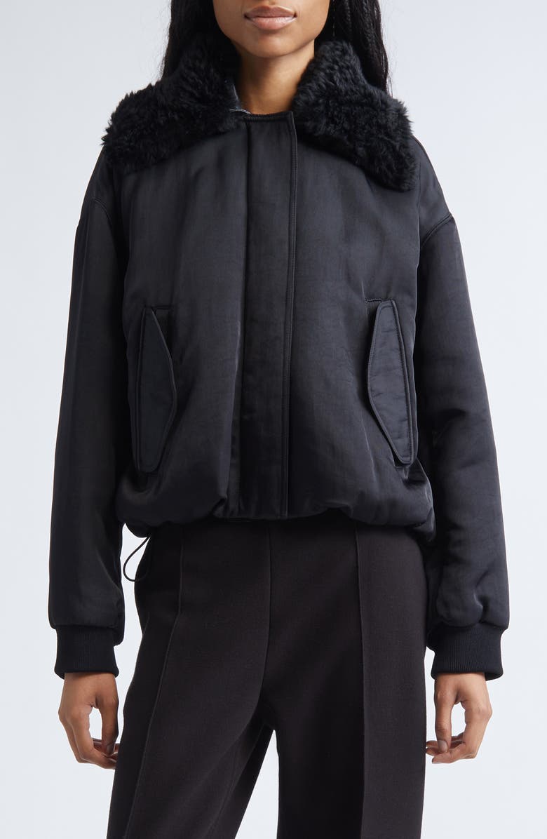 Proenza Schouler Vadra Recycled Nylon Bomber Jacket With Faux Shearling Collar, Main, color, Black
