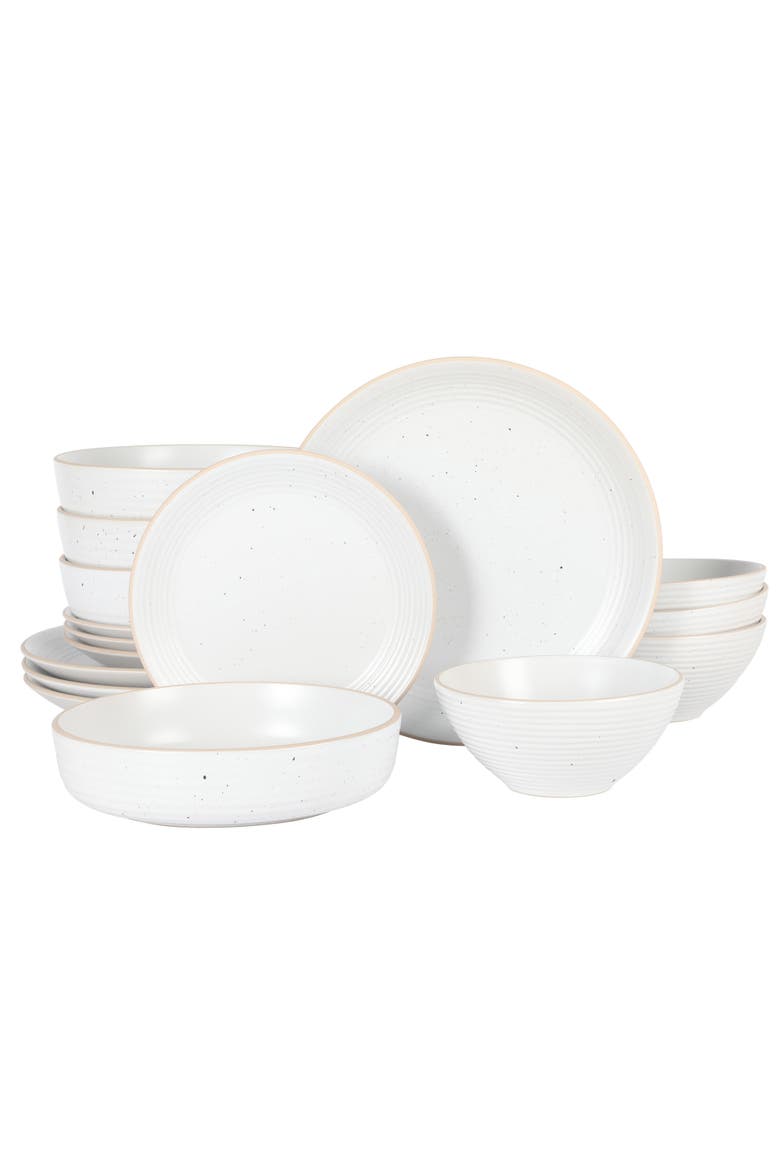 Dinah Double Bowl Stoneware Embossed Dinnerware Set, Main, color, White