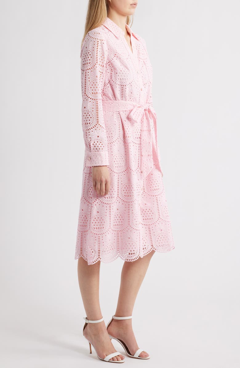 Lilly Pulitzer<sup>®</sup> Eira Eyelet Tie Waist Long Sleeve Maxi Shirtdress, Alternate, color, Pink Muse Pineapple Tile