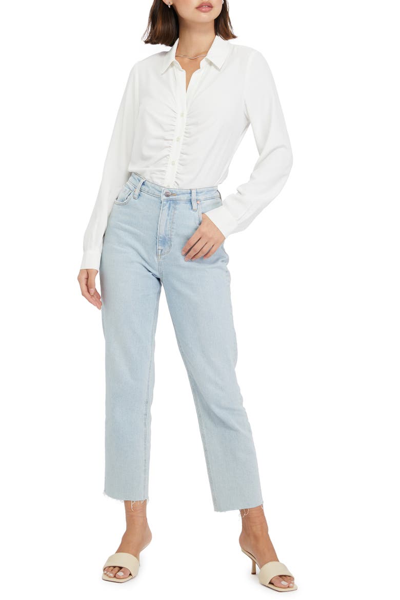 Ruched Boyfriend Button-Up Shirt, Alternate, color, WHITE
