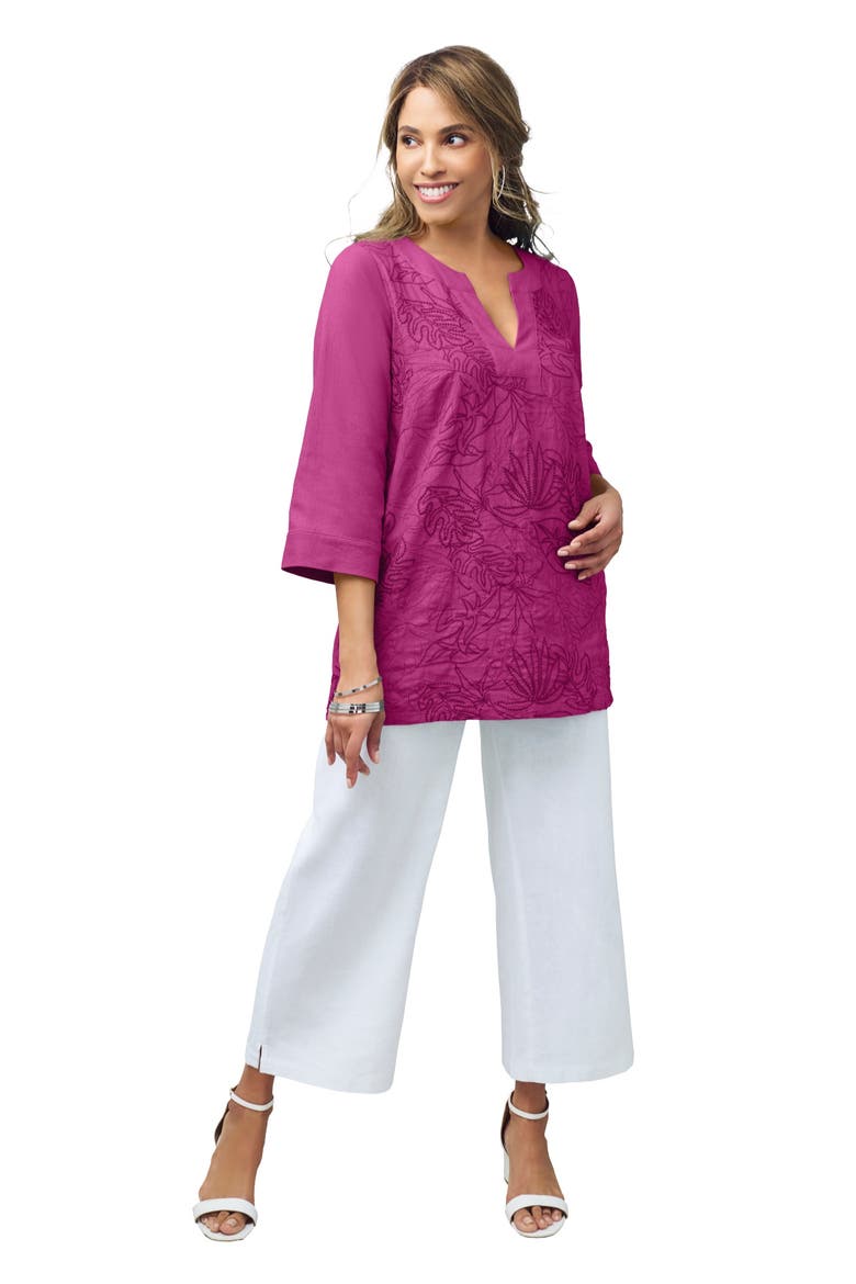 Linen V-Neck Embroidered Tunic, Main, color, RASPBERRY LEAF EMBROIDERY