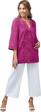 Jessica London Linen V-Neck Embroidered Tunic
