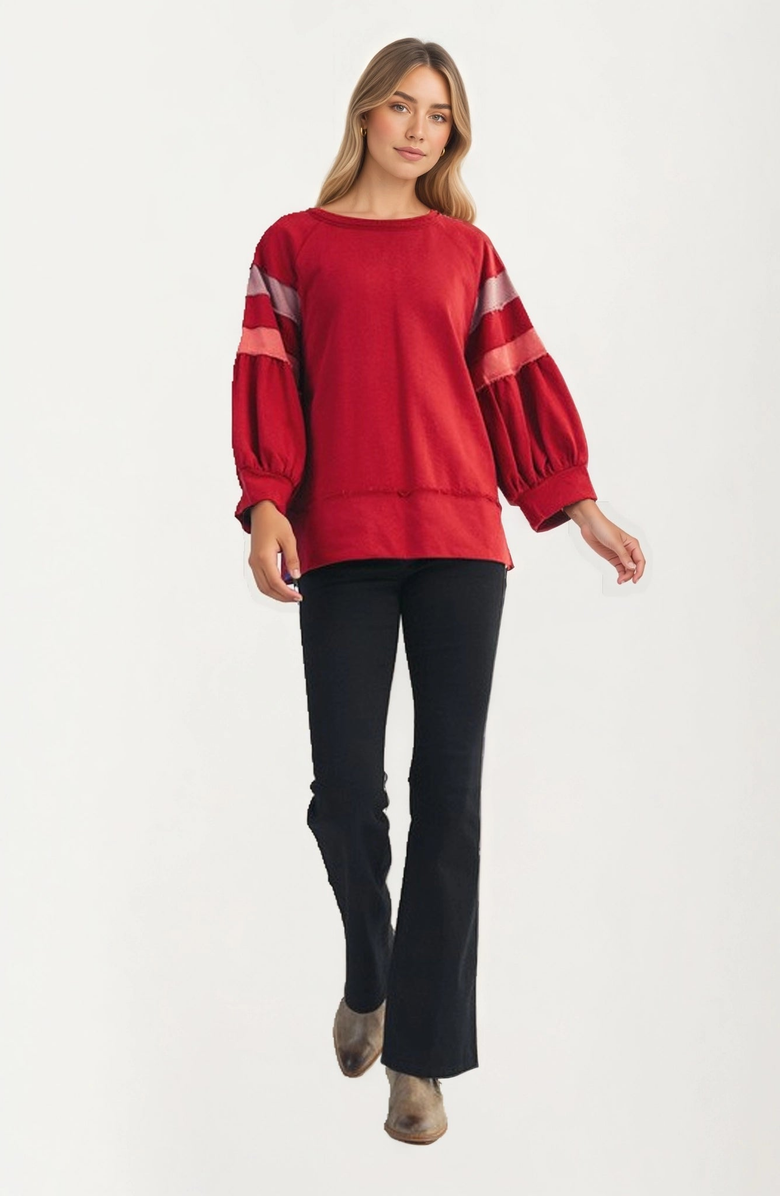 Knit and Lounge Relaxed Crewneck Statement Sleeve Stripe Top, Alternate, color,