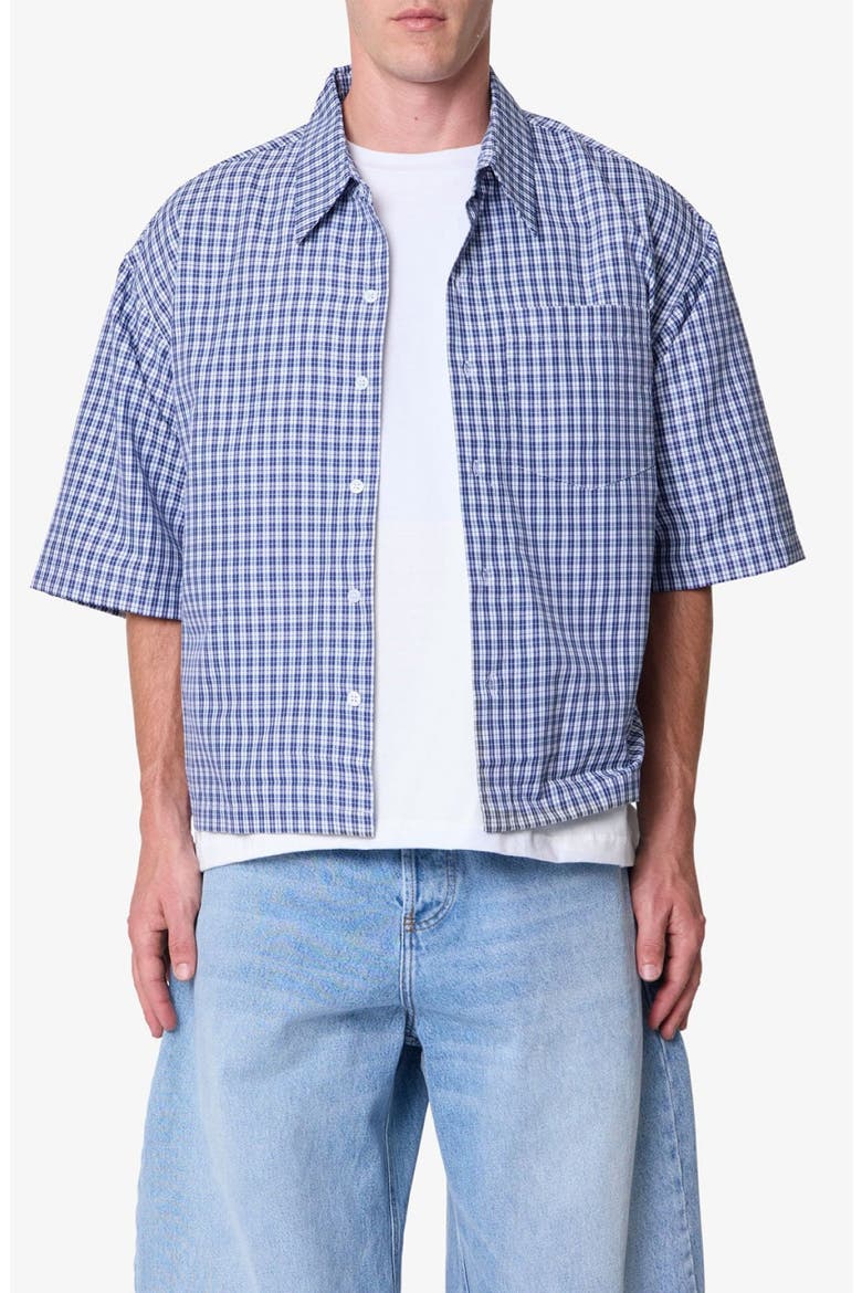 Crispy Oversize Check Short Sleeve Cotton Poplin Button-Up Overshirt, Main, color, BLUE