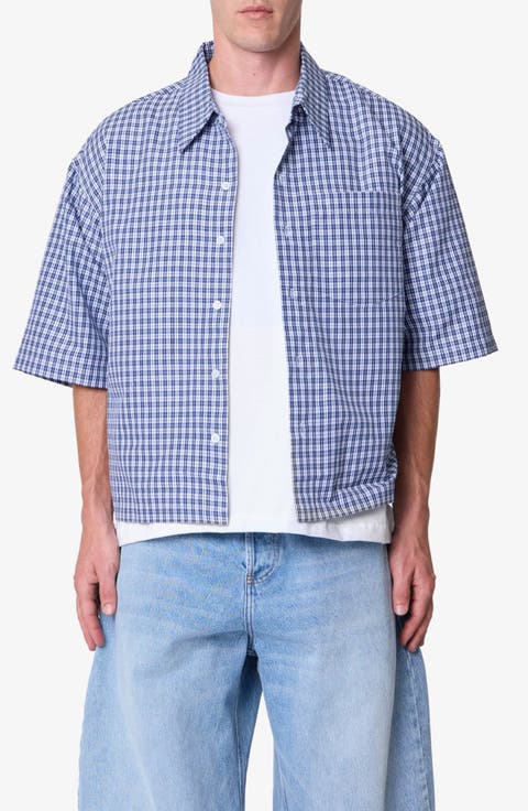 Crispy Oversize Check Short Sleeve Cotton Poplin Button-Up Overshirt