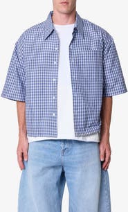 mnml Crispy Oversize Check Short Sleeve Cotton Poplin Button-Up Overshirt