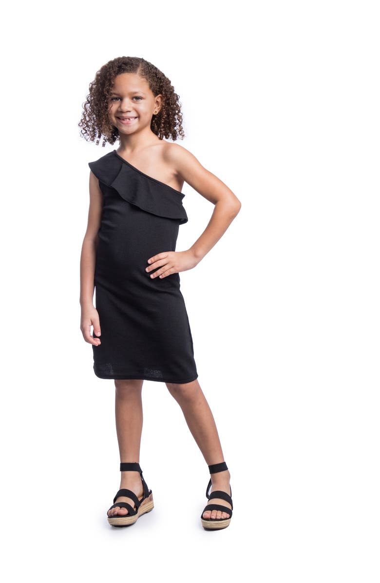 24sevenKid Solid Color One Shoulder Ruffle Knee Length Dress, Alternate, color, Black