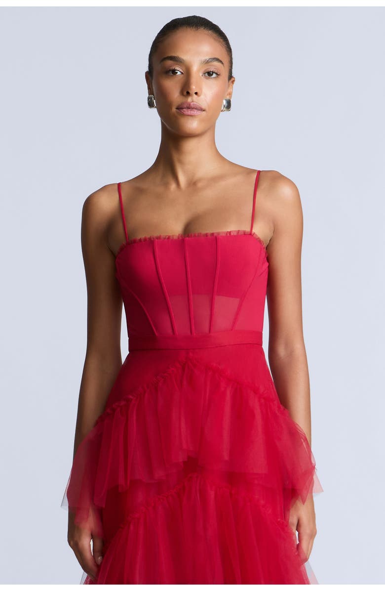 BCBGMAXAZRIA Oly Tiered Ruffle Tulle Evenin, Alternate, color, Chilli Pepper