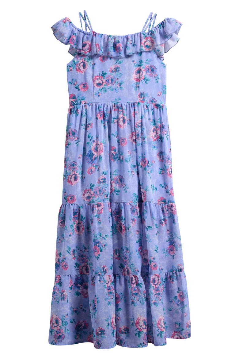 Kids' Print Ruffle Chiffon Maxi Dress, Main, color, PERI BLUE