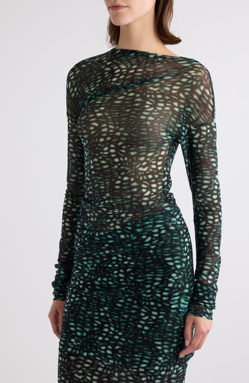 Dries Van Noten Hoan Print Ruched Mesh Top In Malachite