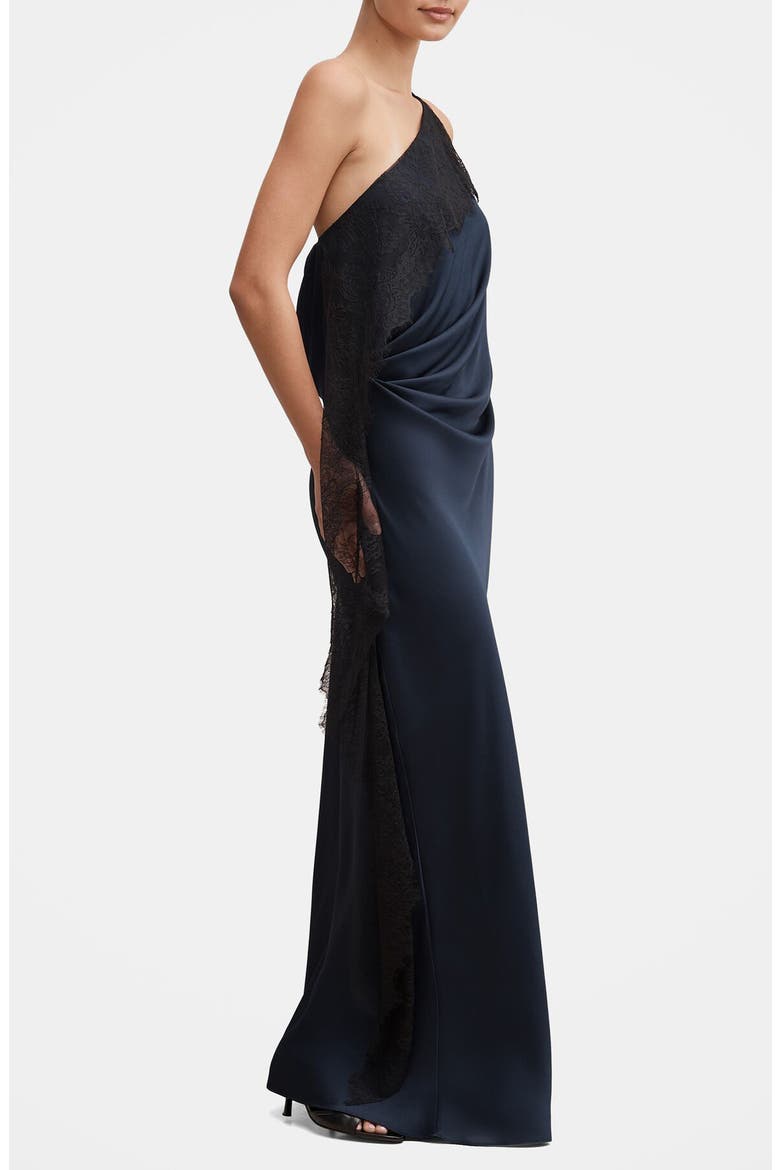Sylvie Asymmetric Satin Gown, Alternate, color, NAVY