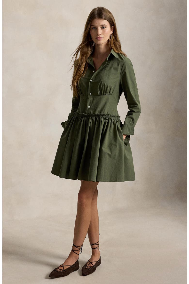 Paneled Shirred Cotton Canvas Mini Shirtdress, Alternate, color, DENSE OLIVE