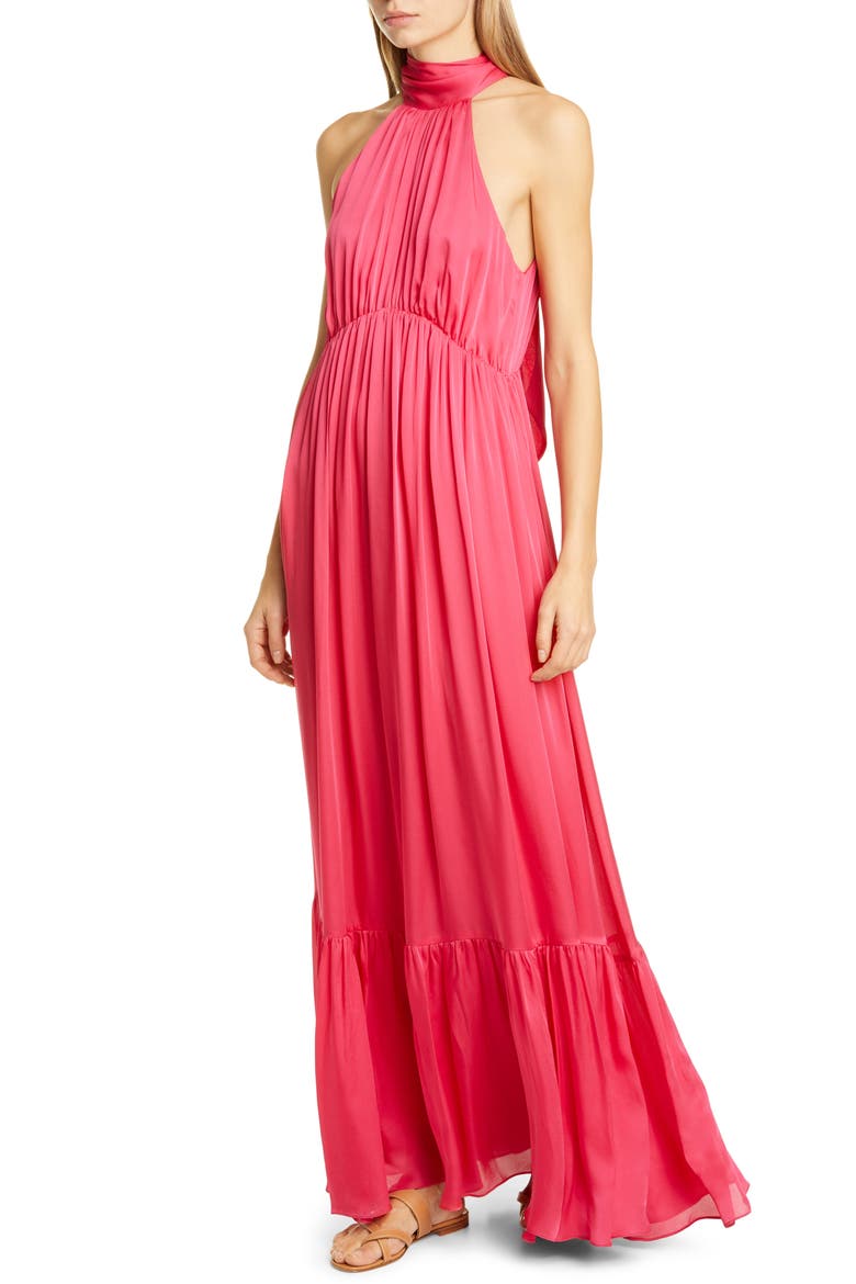Halter Bow Silk Maxi Dress, Main, color, MAGENTA