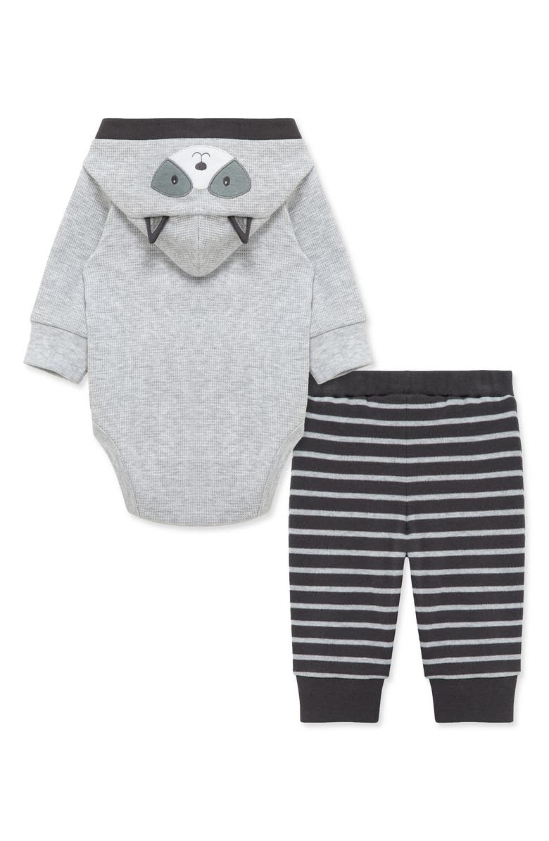 Little Me Raccoon Hooded Cotton Bodysuit & Pants Set, Alternate, color, Grey