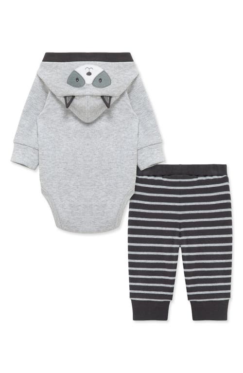 Little Me Raccoon Hooded Cotton Bodysuit & Pants Set In Gray