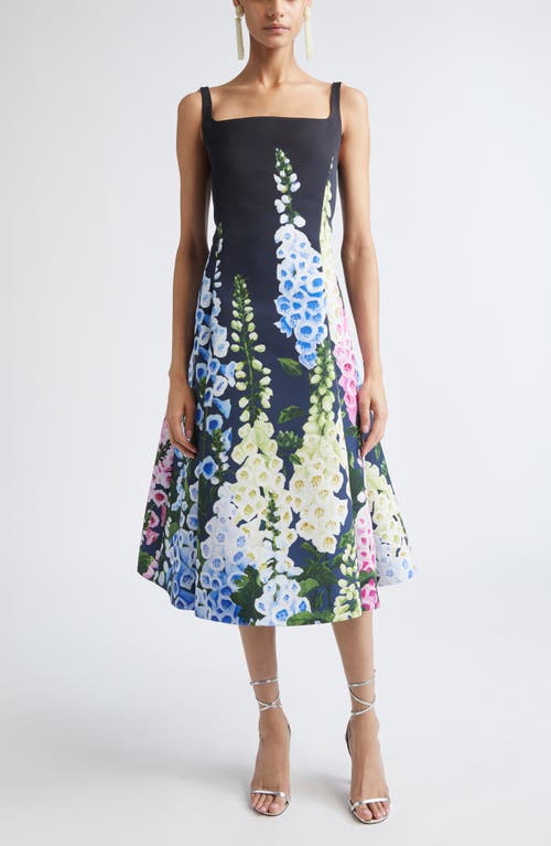 Oscar De La Renta Multi Foxglove Degrade Printed Faille Midi Cocktail Dress In Blue