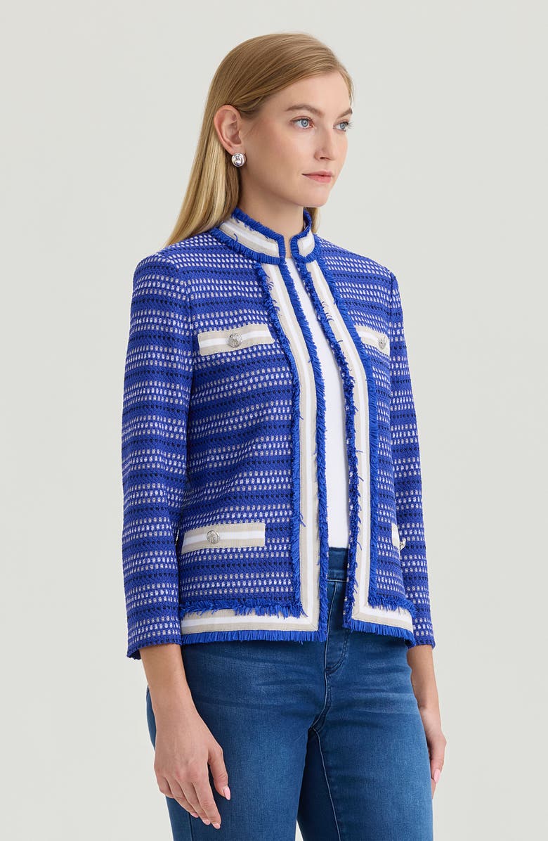 Ming Wang Heritage Ribbon Fringe Trim Knit Jacket, Alternate, color, Sapphire Sea/Limestone